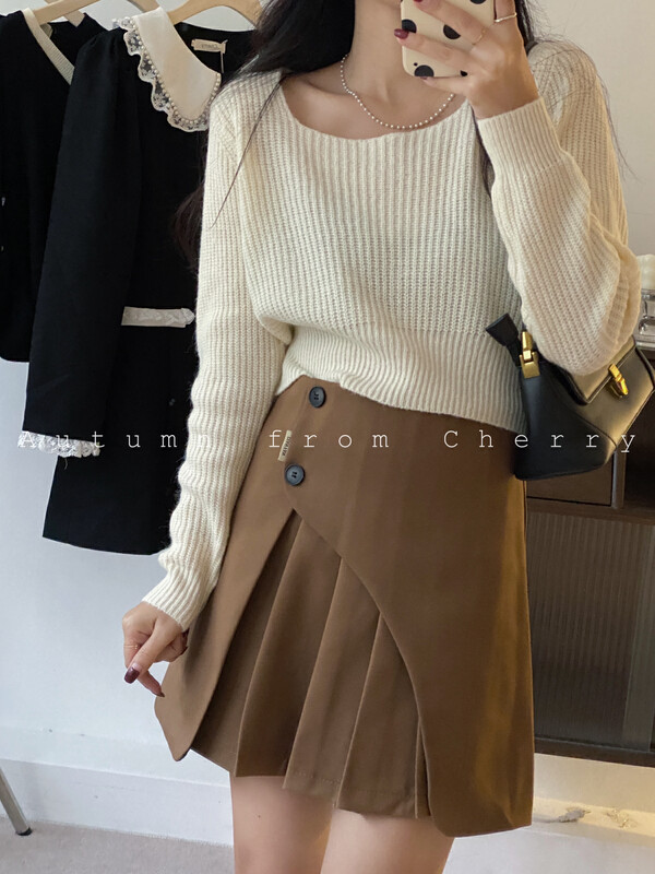 New in autumn! [CHERRY STUDIO] Solid color U-neck casual short knitted sweater 6731# HBX