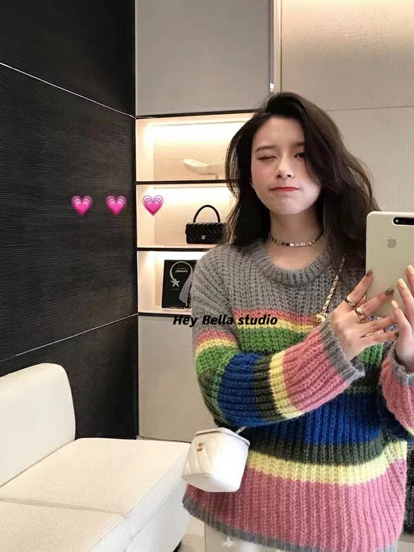 【HEY BELLA】Rainbow Striped Loose Thermal Sweater 9171# L