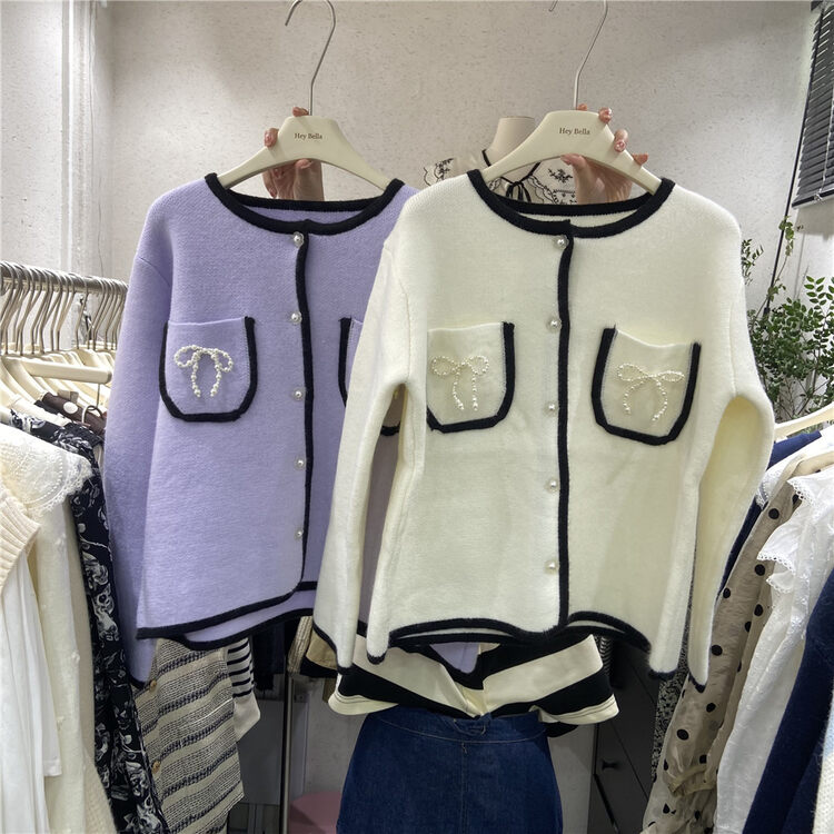 New in autumn!【HEY BELLA】Single-breasted round neck pearl bow decorated knitted cardigan B9203# L