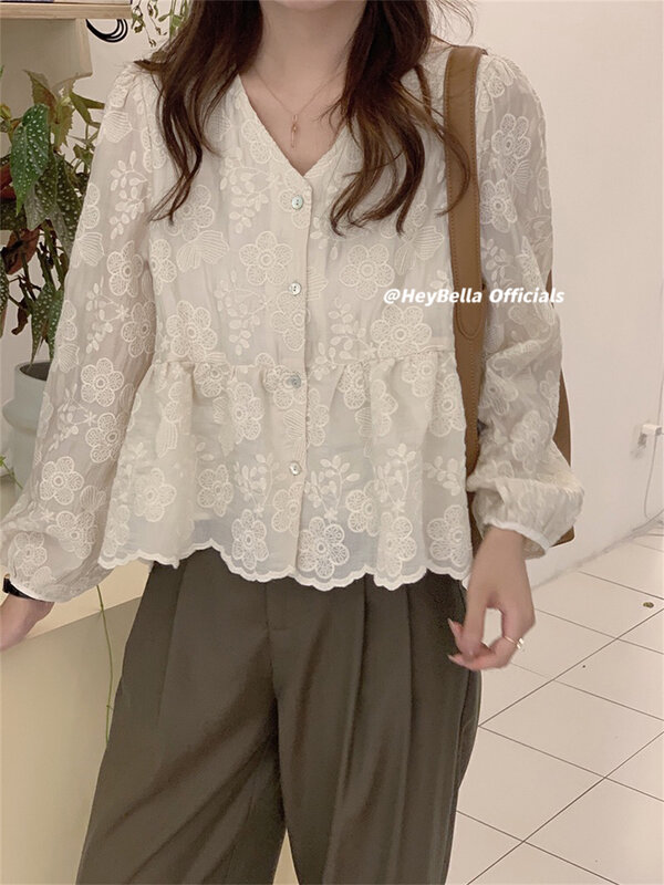 New in early autumn!【HEY BELLA】Single-breasted V-neck slimming shirt B1830# L