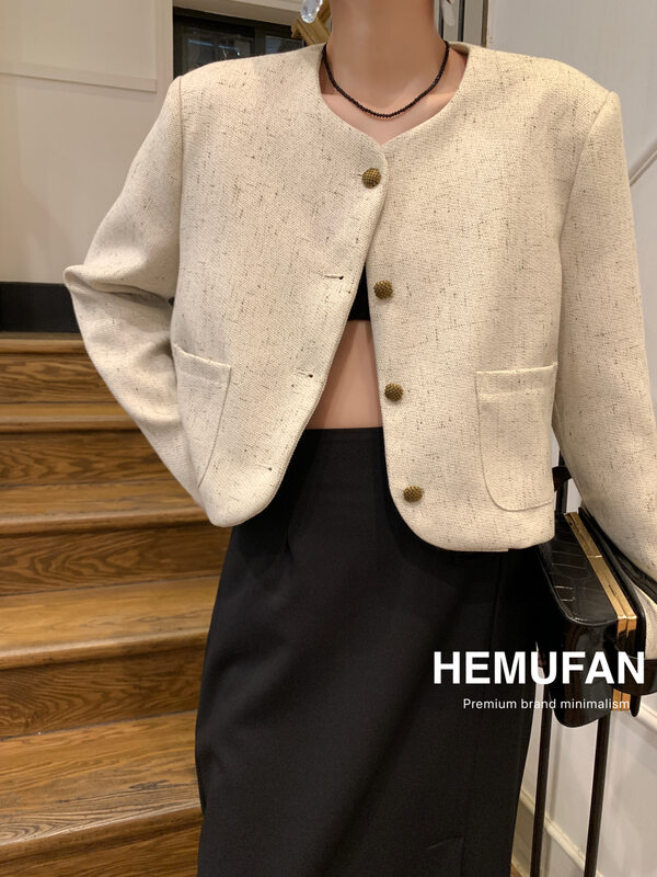 New in early autumn!【HEMUFAN】Single-breasted small fragrance comfortable short coat 3996# L