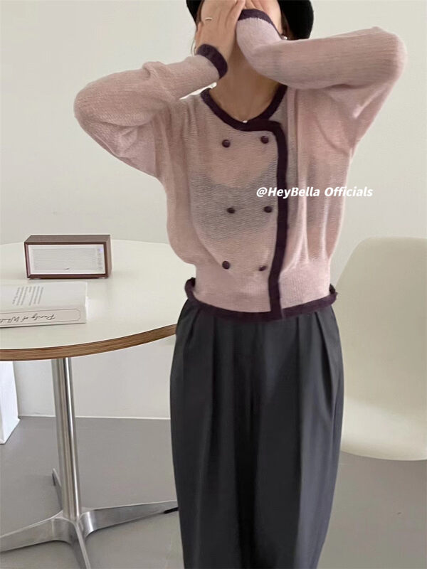 New in early autumn!【HEY BELLA】Double-breasted loose colorblock knitted cardigan 9127# LL