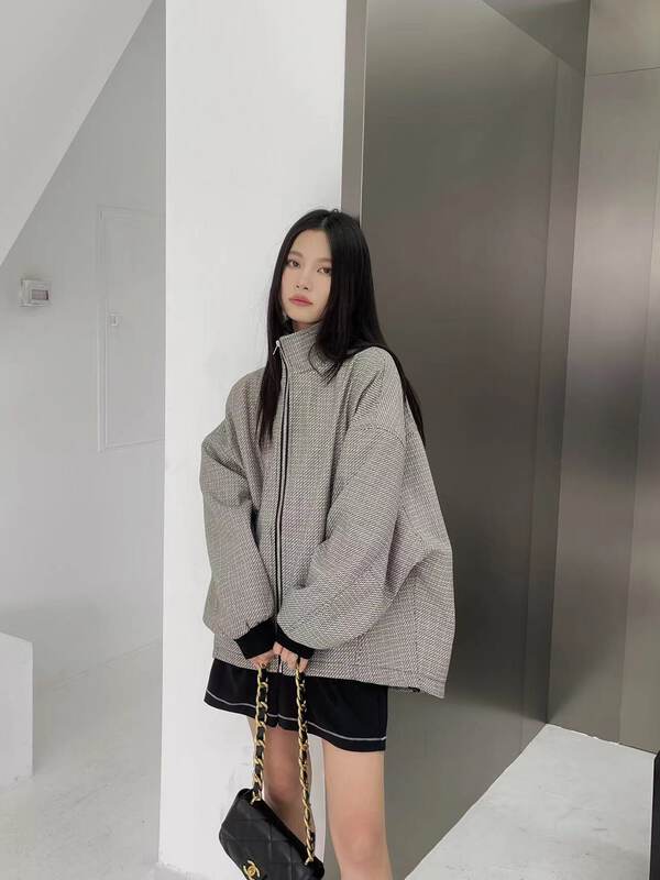 New in autumn!【MOCHA】Stand-collar zipper loose blend short coat 1912# OZQ