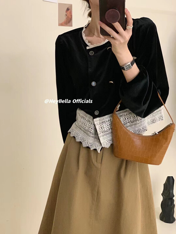 New in early autumn! [HEY BELLA] velvet lace temperament slim retro shirt 5010# L
