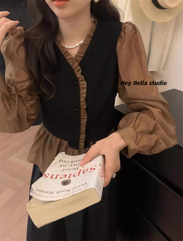 New in autumn! [HEY BELLA] splicing thin shirt with fungus edge B9195# L