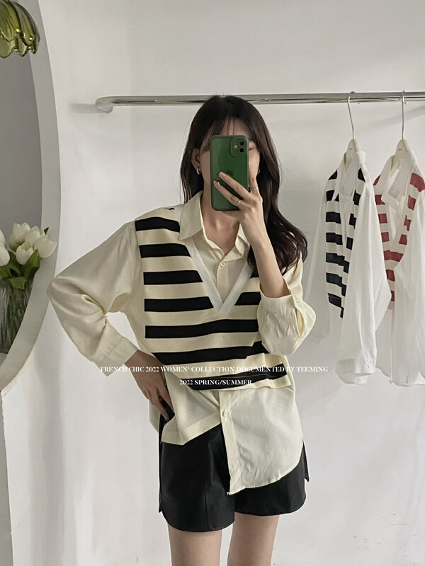 New in early autumn!【TEEM ING】Fake two-piece striped vest shirt 22T562# HJY