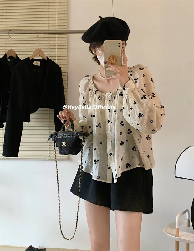 New in early autumn! [HEY BELLA] round neck single-breasted floral shirt B1806# L