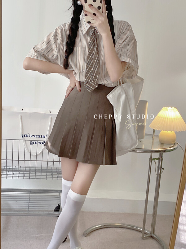 [cherry studio] college style aging Stripe Shirt ➕ Slim A-line pleated skirt set (detachable with tie) 5510 # HBx
