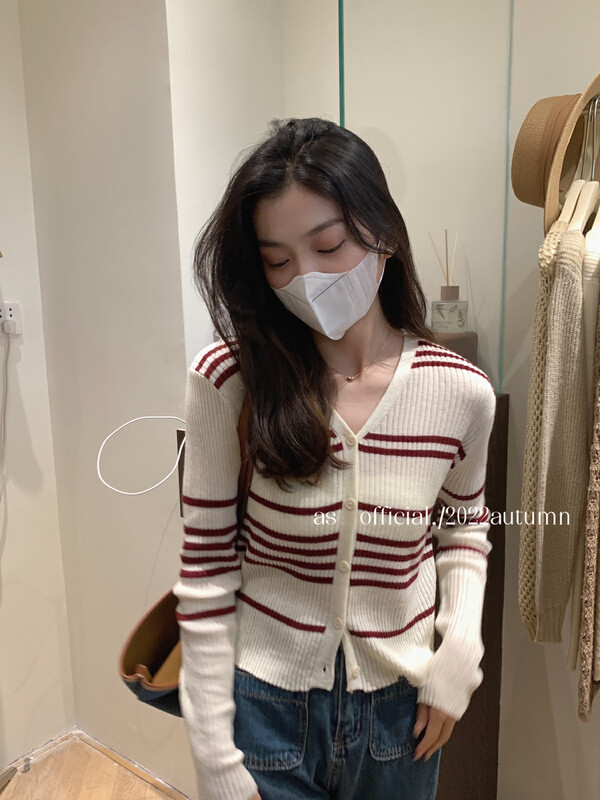 New in early autumn! [AS] Contrast stripe long-sleeved knitted cardigan 8803# HJY