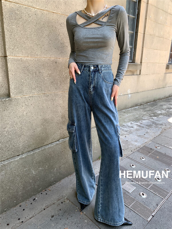 New autumn style! [hemufan] design sense pocket straight tube fashionable jeans 8019 # L