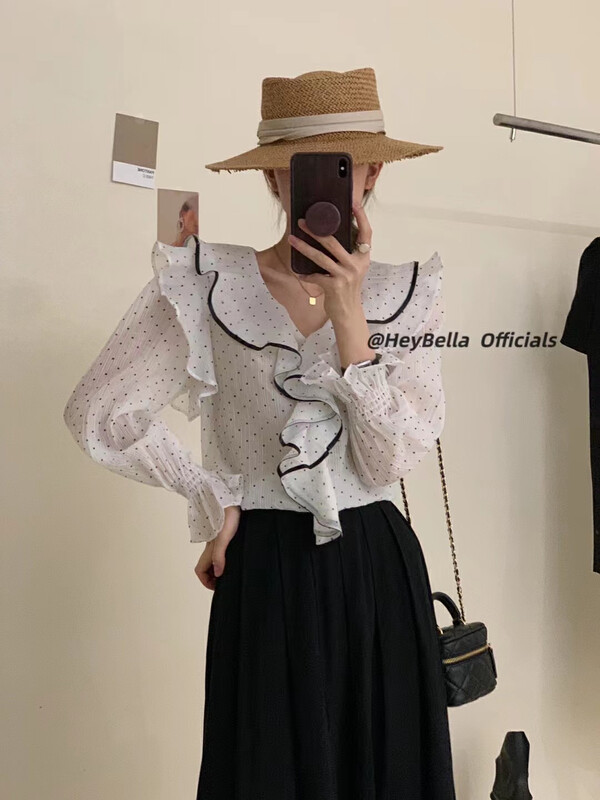 New in early autumn!【HEY BELLA】Fashionable all-match ruffled polka dot shirt 5012# L