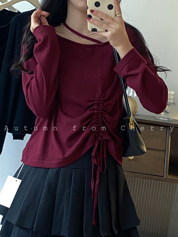 New in autumn!【CHERRY STUDIO】One-shoulder drawstring thin casual knitted sweater 6715# HBX