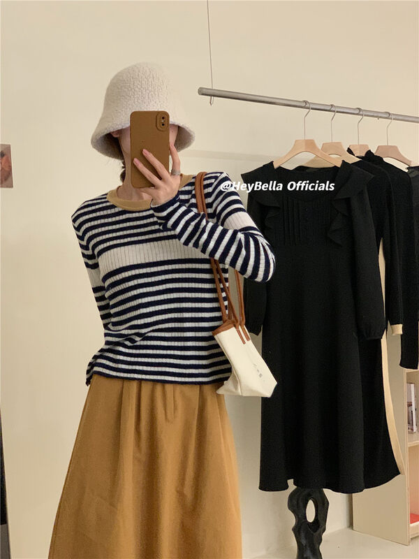 New in early autumn!【HEY BELLA】Contrast color striped loose knitted sweater 9103# LL