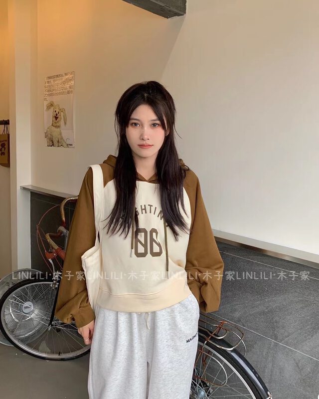 New in autumn! [Muzijia] Hooded color matching comfortable sweater 88052# L
