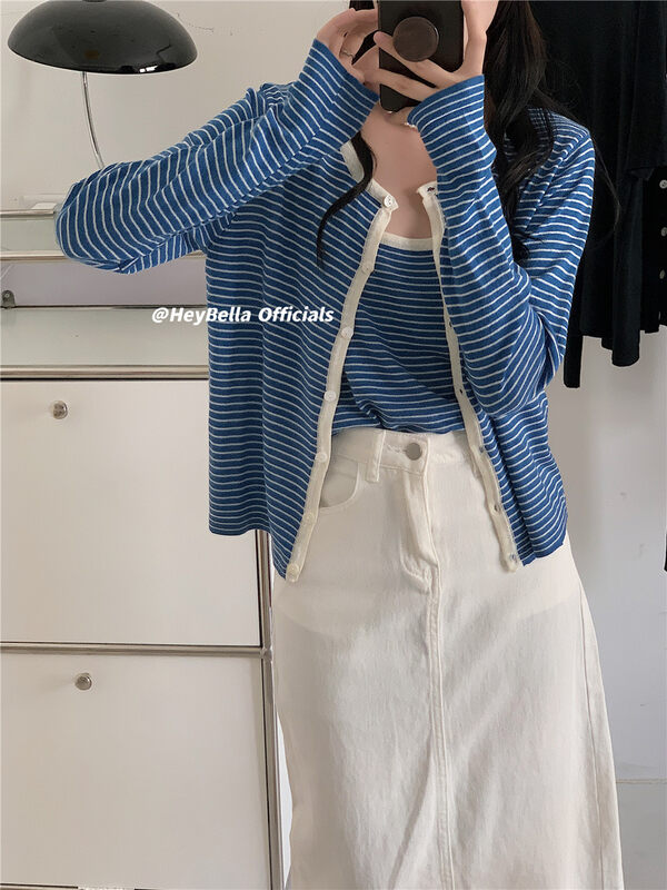 New in early autumn! [HEY BELLA] camisole simple vest + comfortable striped knitted cardigan suit YS1-9101# LL