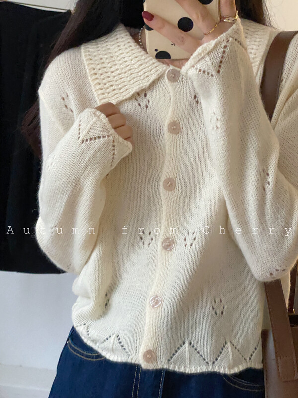 New in autumn! [CHERRY STUDIO] Simple solid color hollow design buttoned sweater 6718# HBX
