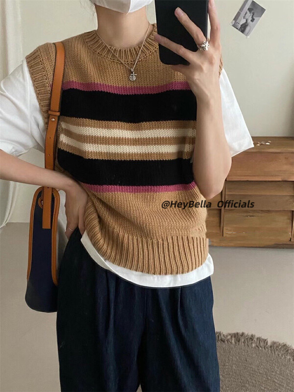 New in early autumn! [HEY BELLA] Korean striped knitted vest/sling 9163# L