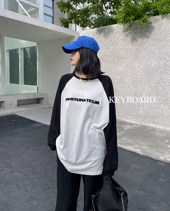 【KEYBOARD】Early Autumn Contrast Color Toothbrush Embroidered Letters Round Neck Long Sleeve T-Shirt (Raglan Sleeves) 2216# CQW