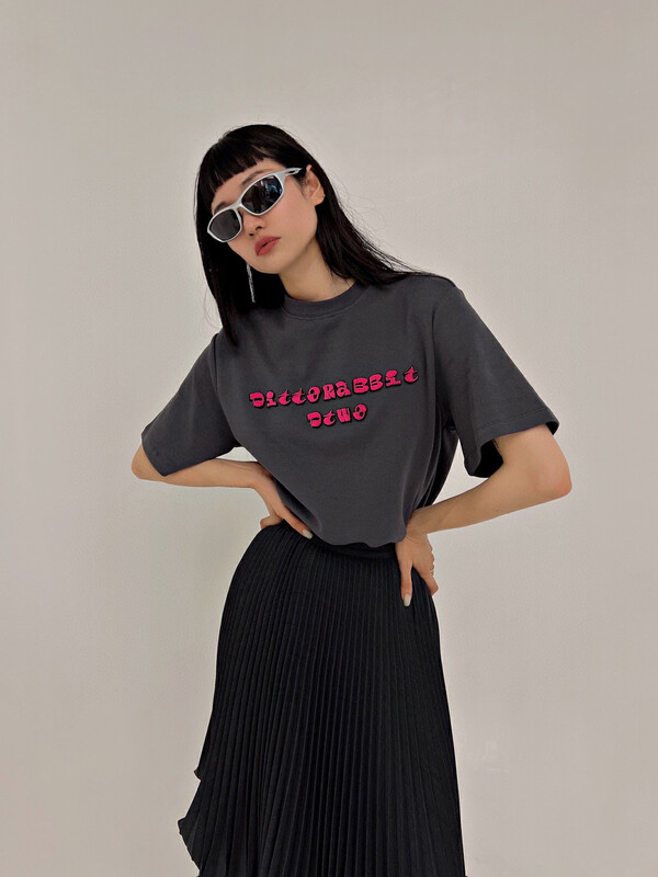 [D.TWO D2] Flocking letter all-match round neck short-sleeved T-shirt 2321033# ZXL
