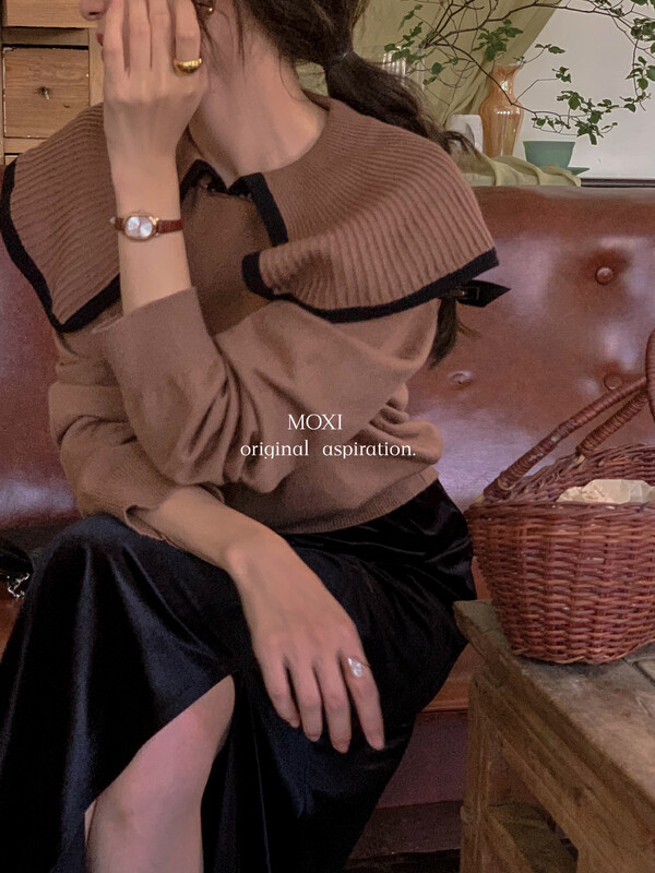 New in autumn! [MOXI] Korean color-blocking large lapel casual warm sweater 75982# CQW