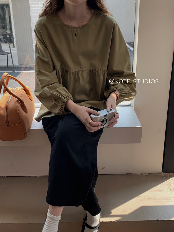 New in early autumn! [NOTE] Korean textured solid color loose round neck shirt 22737# HBX