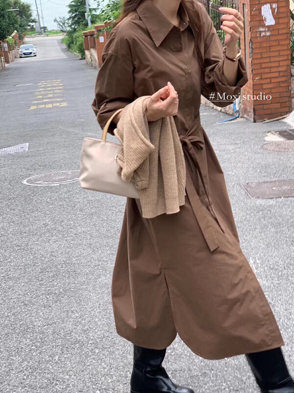New in early autumn! [MOXI] Korean solid color casual loose shirt dress (with belt) 8806# CQW