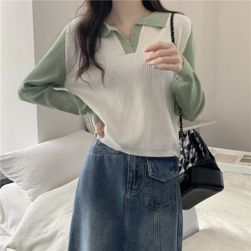 Real auction real price autumn new color matching POLO collar long-sleeved knitted sweater women's top