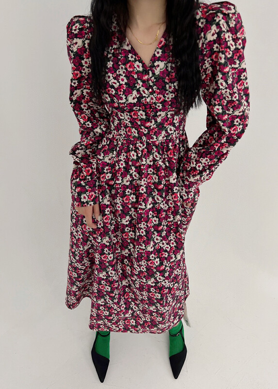 New in early autumn!【D.TWO D2】Floral v-neck long-sleeved dress 2303235# ZXL