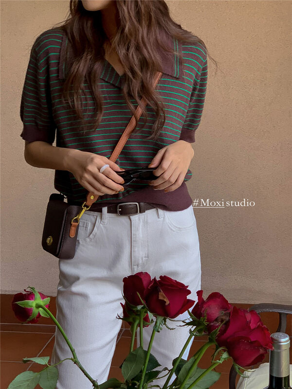 New in early autumn! [MOXI] Casual Striped Polo Collar Knit Sweater 58689# XJ