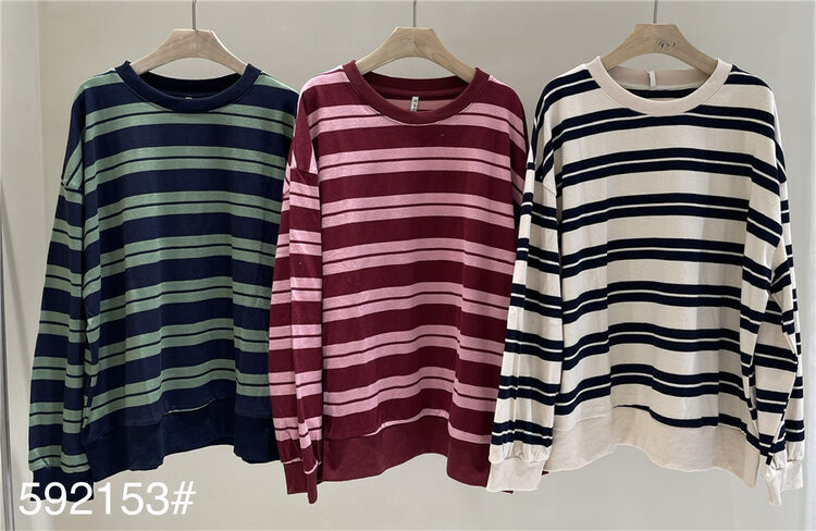 New in autumn! [fabric] striped loose and comfortable long-sleeved T-shirt 592153# L