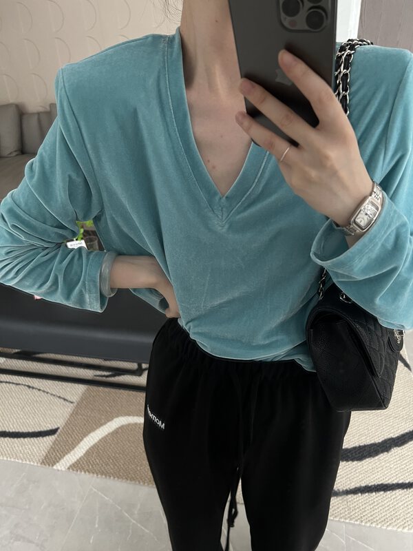 New in early autumn! [Modern 197] V-neck all-match solid color long-sleeved T-shirt 51016# LSL