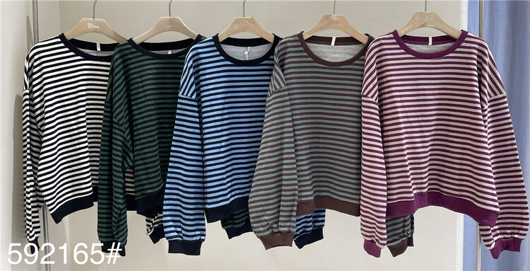 New in autumn! [fabric] striped loose and comfortable long-sleeved T-shirt 592165# L