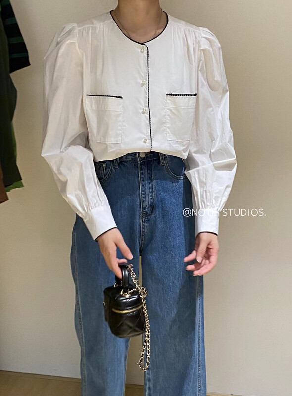 New in early autumn! [NOTE] Korean version of ins simple solid color niche design stitching shirt 22661# HBX