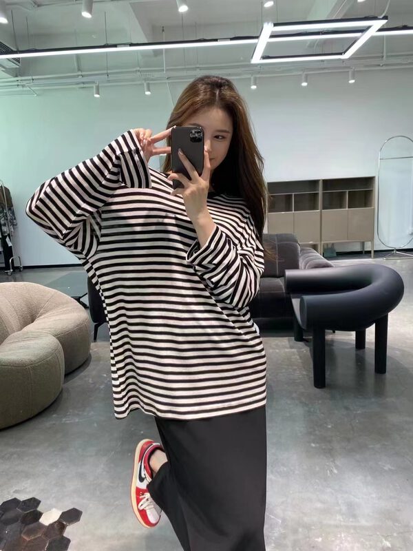 New in early autumn! [Modern 197] Simple round neck striped long-sleeved T-shirt 7259# LSL