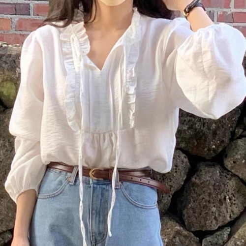 Korean version early spring sweet solid color lace-up long-sleeved shirt