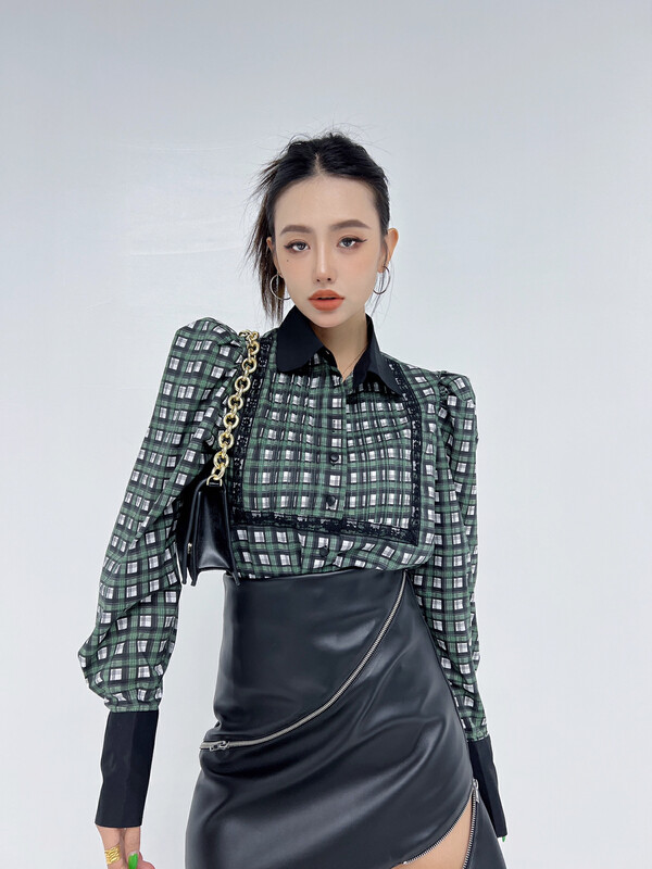 New in early autumn! [D.TWO D2] lapel retro plaid long-sleeved shirt 2315303# ZXL
