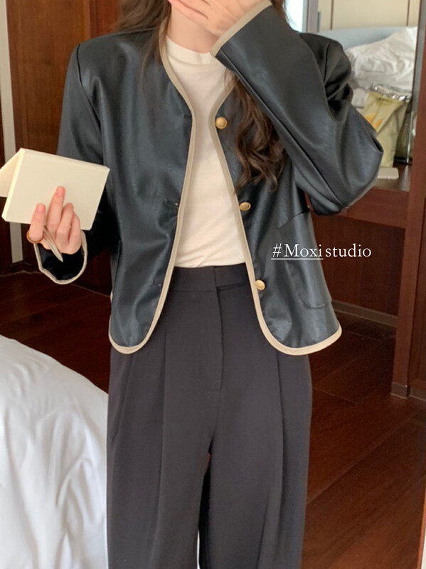 New in autumn! [MOXI] Korean version of commuter simple contrasting color leather jacket 75738# CQW