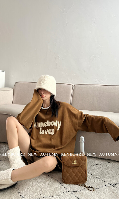 【KEYBOARD】Simple and Versatile Smudged Letter Long Sleeve T-Shirt 6629K# CQW