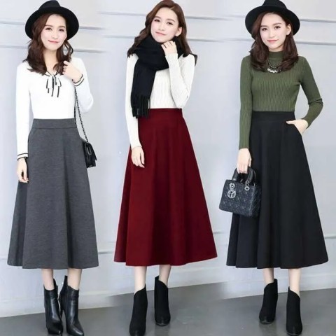 Winter woolen large swing skirt with pockets new mid-length skirt square dance skirt pocket A-line skirt