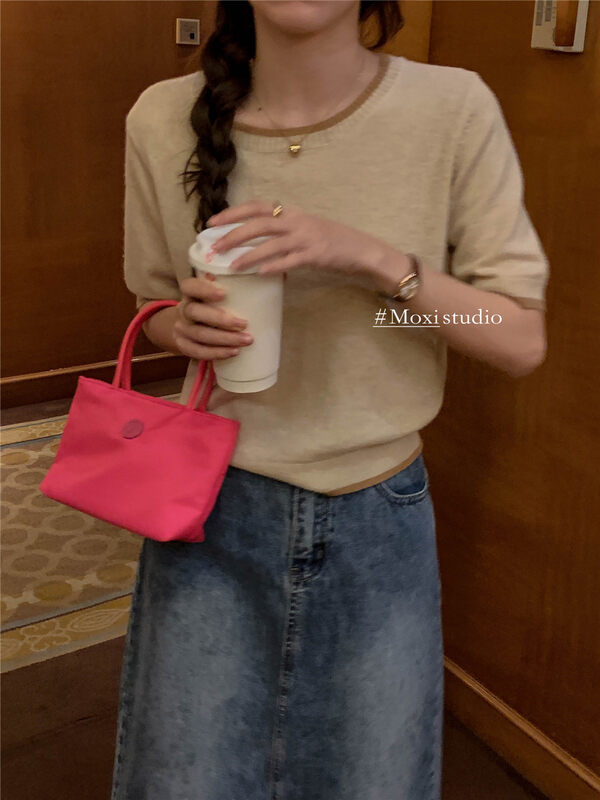 New in early autumn! [MOXI] Simple contrasting color round neck short-sleeved sweater 58675# XJ