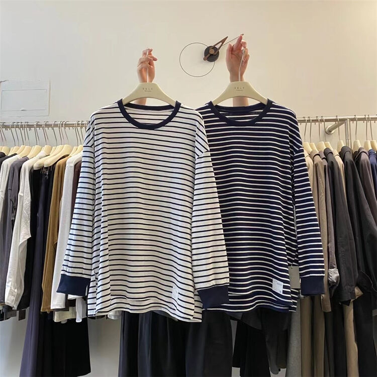 New in autumn! [SELF] round neck loose casual striped long-sleeved T-shirt 7731# LSL