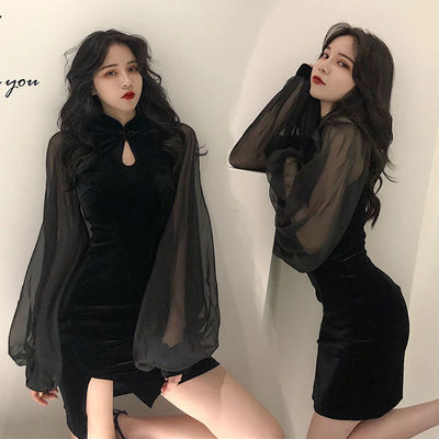 Cheongsam autumn and winter new style stand collar lantern sleeves Korean style skirt slit bag hip chiffon stitching velvet dress