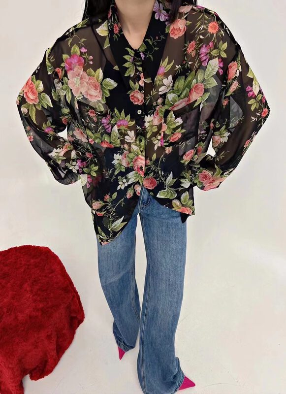 New in early autumn!【D.TWO D2】Lace Ink Flower Loose Shirt 2315070# ZXL
