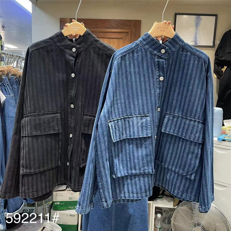 New in autumn! [fabric] striped comfortable all-match denim jacket 592211# L