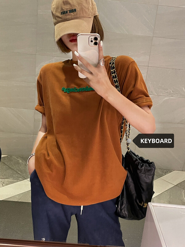[KEYBOARD] Simple and versatile toothbrush embroidered letters round neck short-sleeved T-shirt 2223