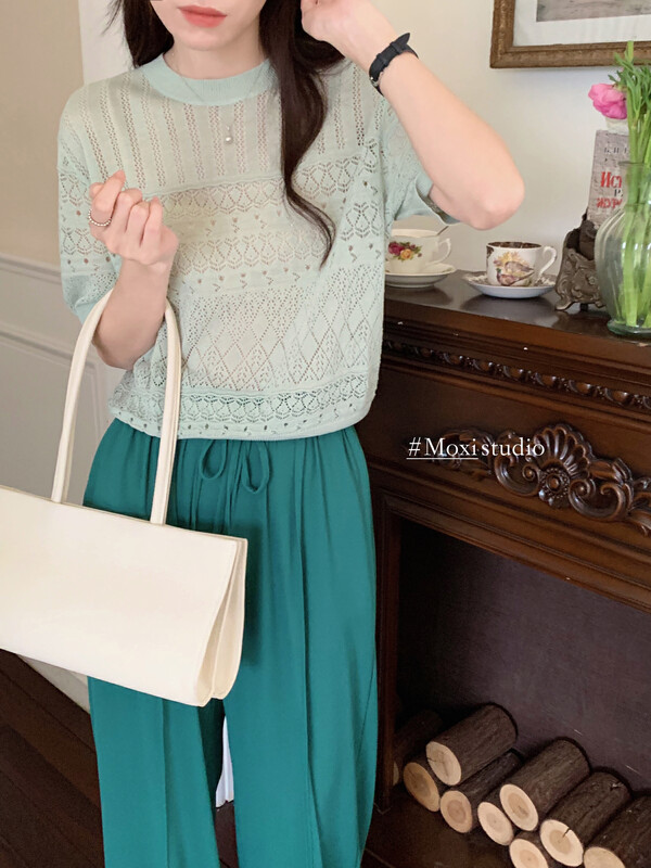 [MOXI] Korean simple hollow short-sleeved shirt 56517t# XJ