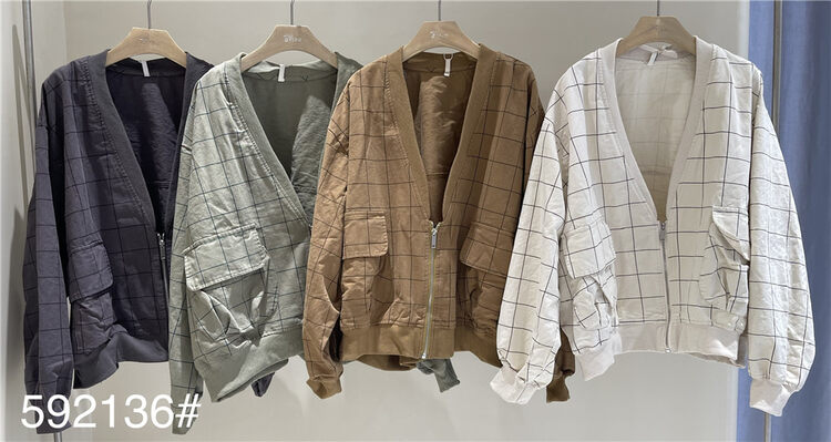 New in autumn! [fabric] plaid zipper comfortable all-match short jacket 592136# L