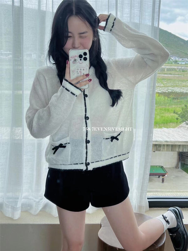 New in autumn! [7EVEN5IVE8IGHT] Korean version of sweet bow knitted cardigan 3331# HJY