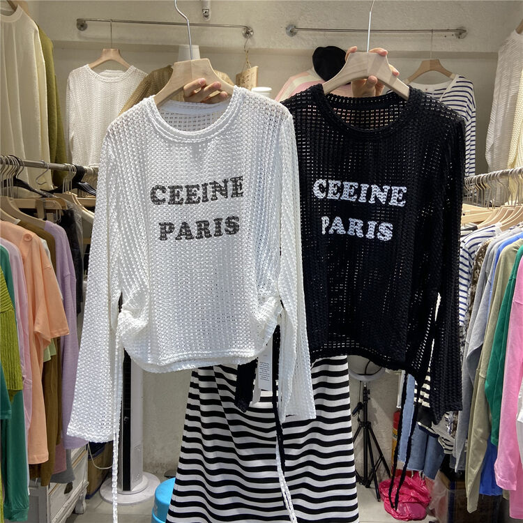 [8] Round neck letter drawstring hollow long-sleeved T-shirt 2033# L