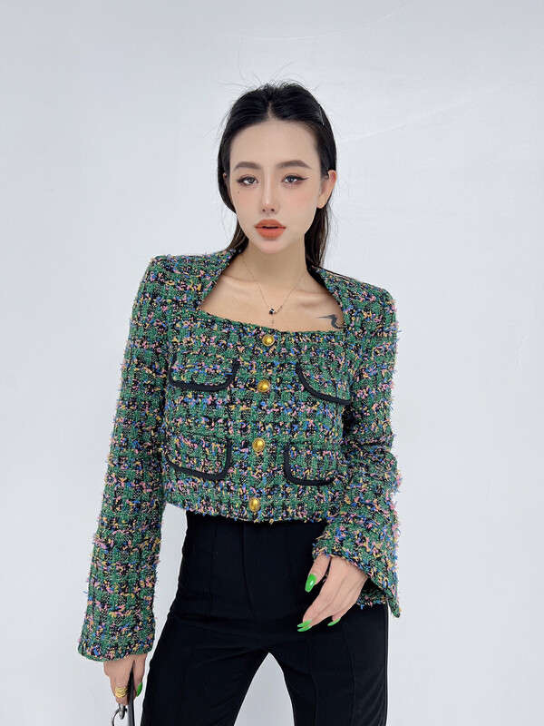 New in early autumn! [D.TWO D2] Square collar small fragrance retro contrast color woven short jacket 2317295# ZXL